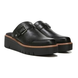 Naturalizer Mules Womens 8.5 Black Wayde Leather Platform Wedge Clogs Buckle